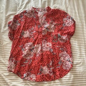 Red Relaxed Blouse with Mandarin Collar